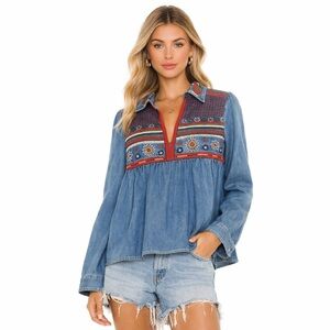 Alice + Olivia  Karly Denim Embroidered Blouse